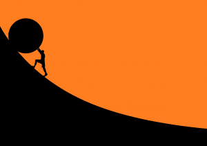 silhouette of a man pushing a rock up mountain